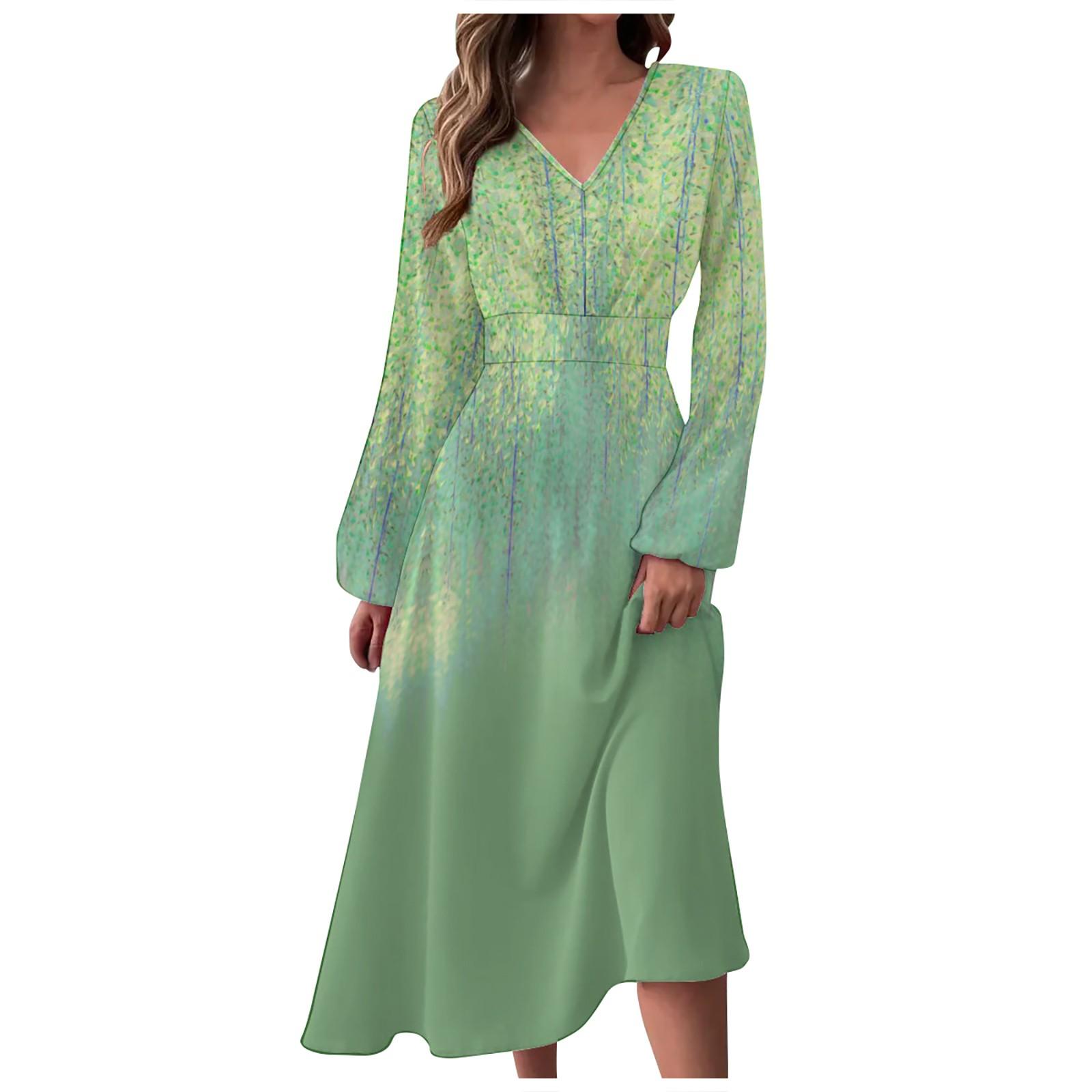 

Женское осенне-зимнее повседневное модное длинное платье с v-образным вырезом и длинным рукавом с цветочным принтом S зелёный