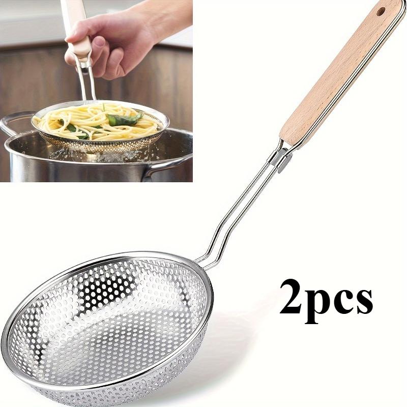 Stainless Steel Fine Mesh Skimmer Spoon – Wooden Handle Colander Strainer, Ideal for Pasta/Noodles & Grease Filter