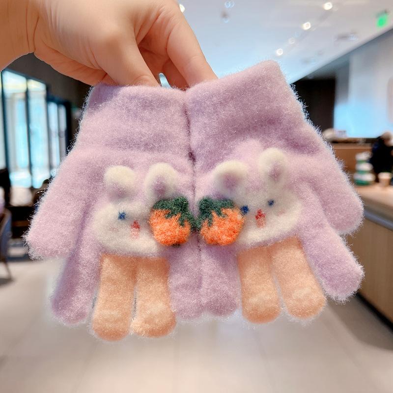 Children's Gloves Autumn and Winter Men's and Women's Plush Thickened Warm Finger Children's Color Cartoon Rabbit Outdoor Play