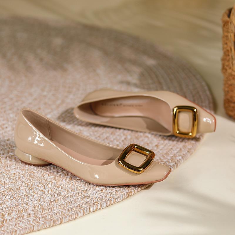 Square Buckle Single Shoes Women's Patent Leather Square Head Thick Heel Shallow Mouth Flat Heel Flat Shoes Sheepskin Pad