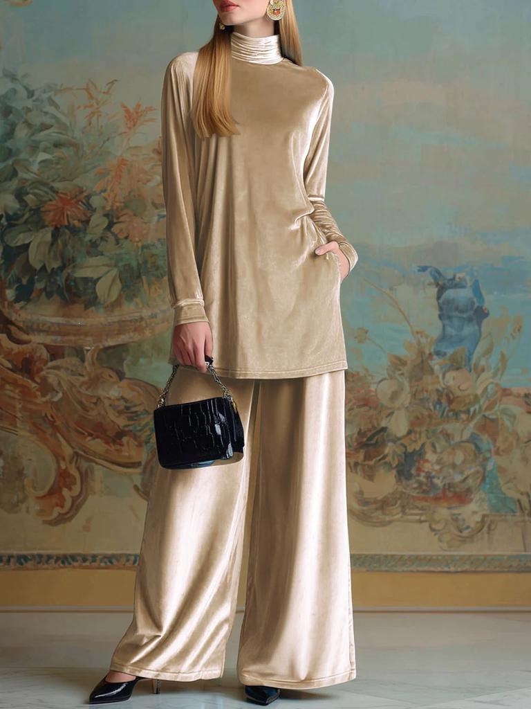 Fall Winter Chunky Velvet Loose Fit High Neck Ripped Hem Top Wide Leg Pants Set