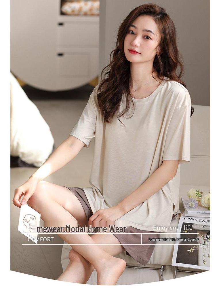 Women's Summer Modal Pajama Set with Chest Pad - Short Sleeve and Shorts, Cool Rayon, Anti-Bump, Suitable for Outdoor Wear
