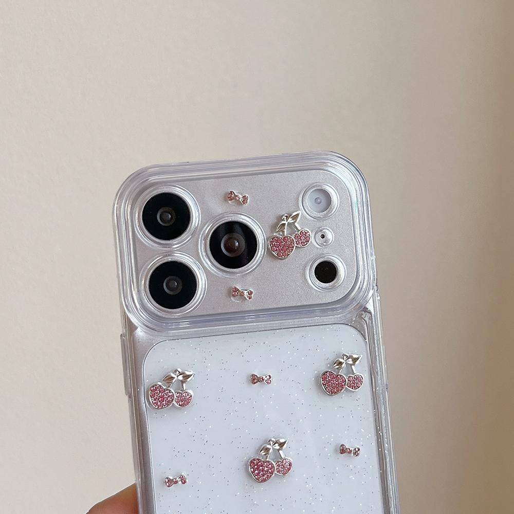 Cute 3D Diamond Cherry Phone Case For iPhone 17 16 15 14 13 12 11 Pro Max Soft Shockproof Cover Epoxy Glitter Shell