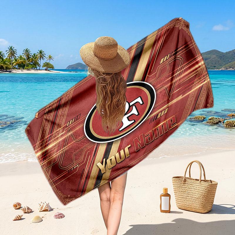 San Francisco 49ers Customized Name Text Beach Towel, Soft Absorbent Towel Beach Pool Travel Personal Gift