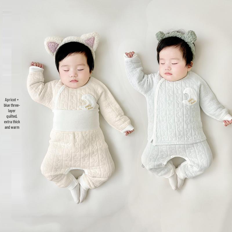 Jingqi Kids Quilted Cotton Warm Two-Piece Set for Boys and Girls - Autumn/Winter Underwear and Pants