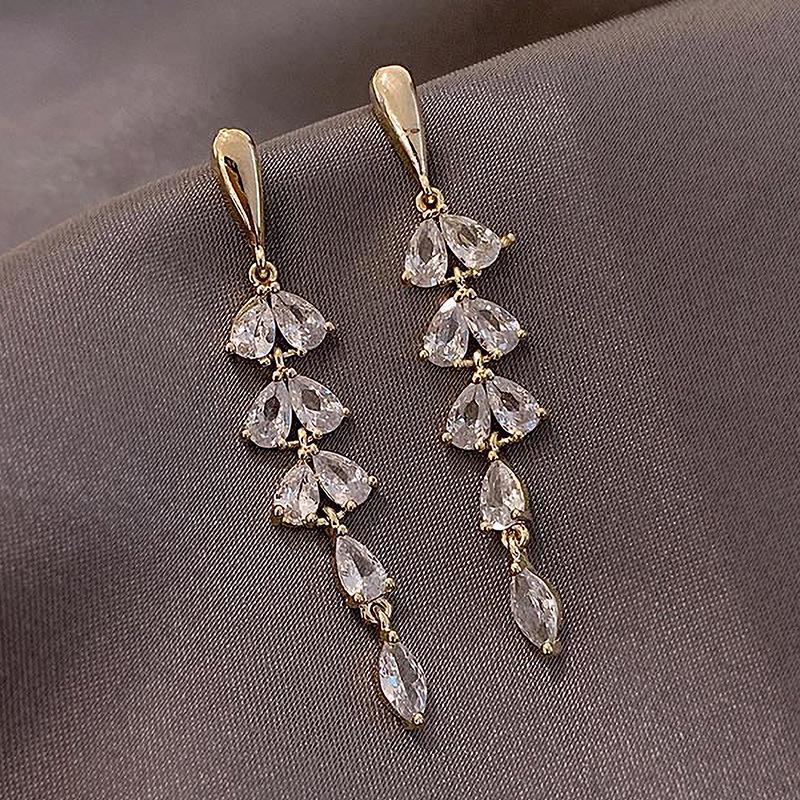 Silver Needle Vintage Rhinestone Fringed Leaf Long Earrings ins Geometric Earrings