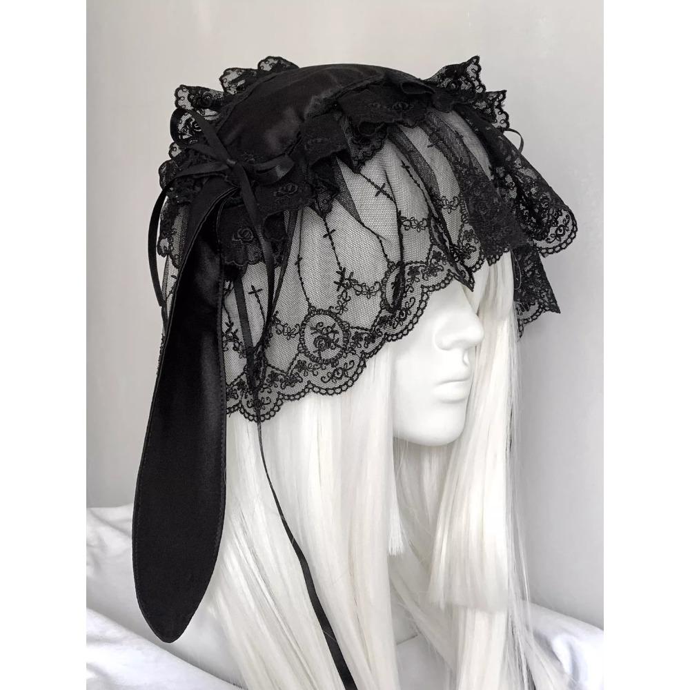 Black Bubble Original Handmade Lolita Rabbit Ear Headband Can Be Worn Before and After Girls Fashion Lace Cute Headgear