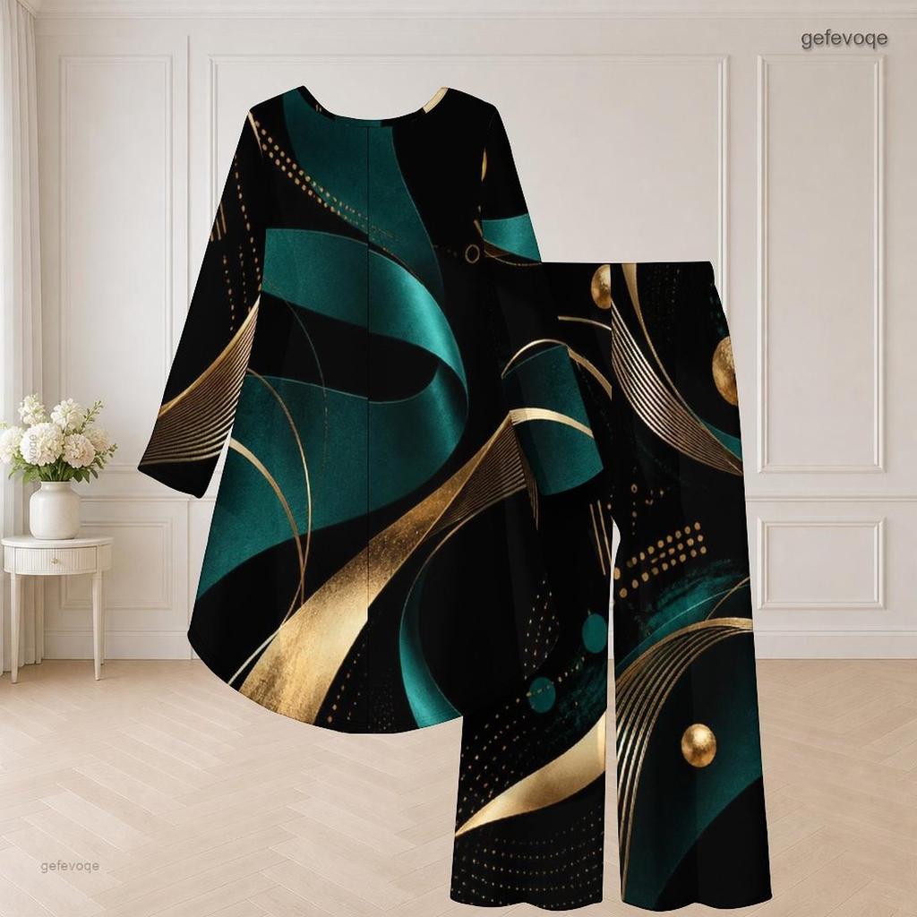 Women Plus Size Round Neck Long Sleeve High Low Top Wide Leg Pants Black Blue Printed Two Piece Set