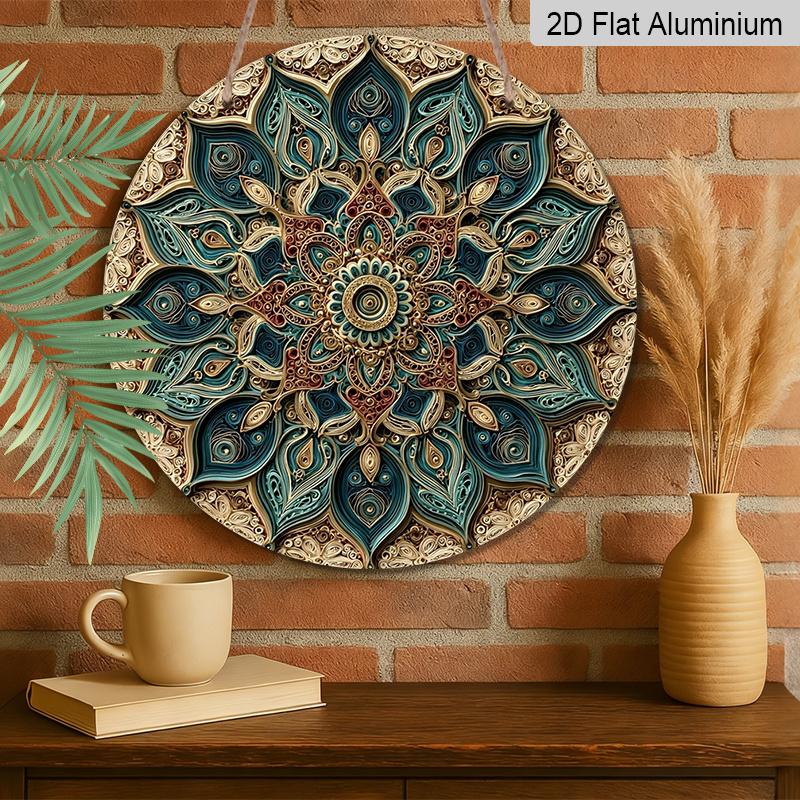 2D Flach, 1 Stück Runde Aluminium-Mandala-Dekorplatte, Aufwendige Ranken-Blumen-Ethnische Mandala-Kunst, Türkranz-Mittelstück, Ideal für Weihnachten, Diwali