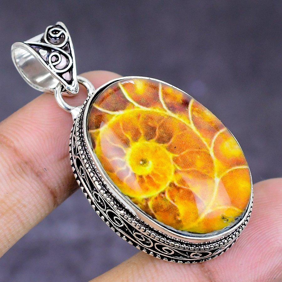 Natural Ammonite Doublet Gemstone 925 Sterling Silver Jewelry Pendant 1.77" ETC-14647