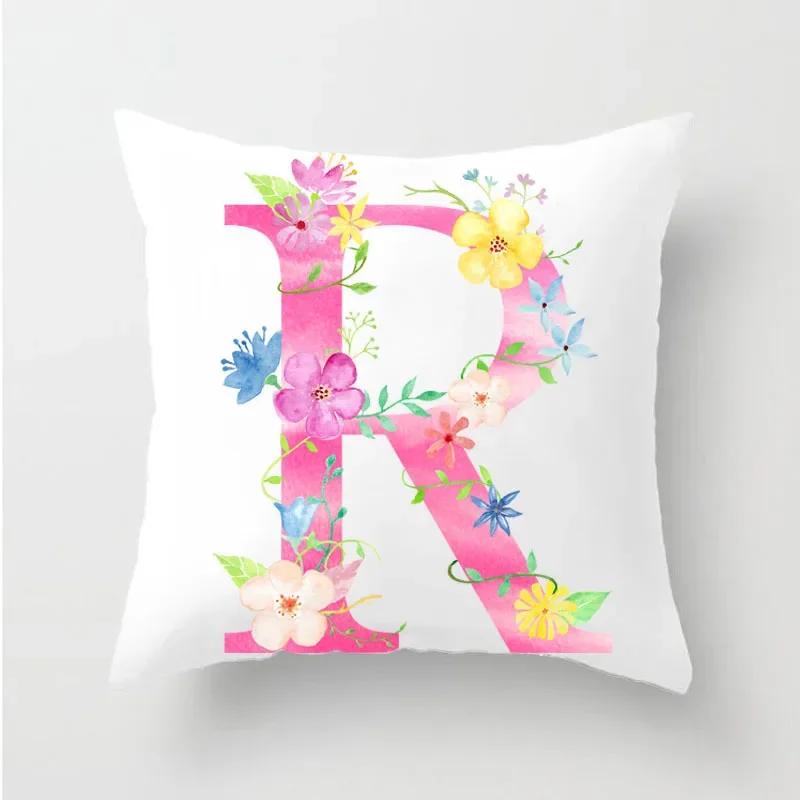 Flower 26 Letters Alphabet Decorative Cushion Cover Polyester Pillowcase Throw Pillow Cover Home Decor Fundas De Cojin 45X45Cm