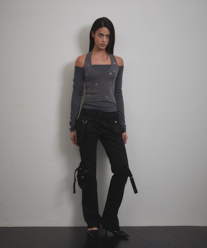 Bunteu Eyelet Halter Long Sleeve (Charcoal)