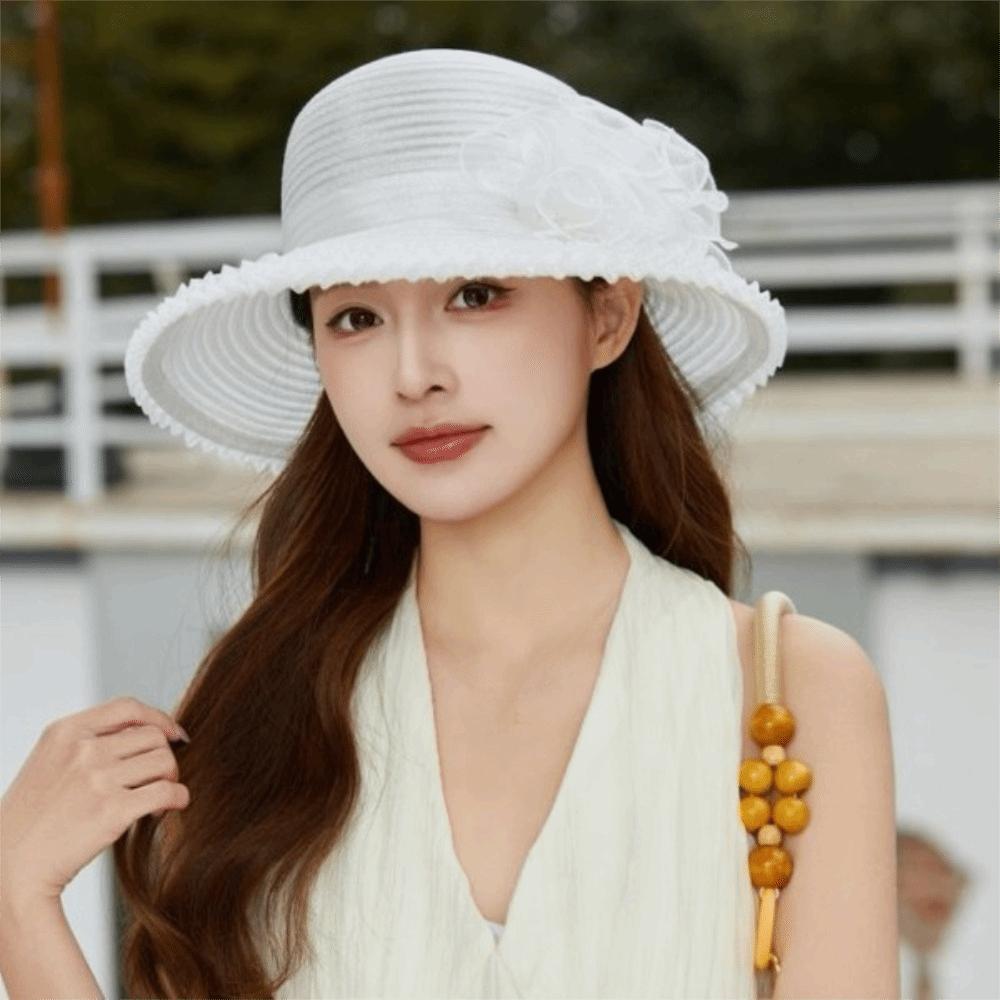 Fashion Organza Women'S Sun Hat Summer Uv Resistant Bucket Hat Floral Design Large Brim Basin Hat Outings Cool Hat