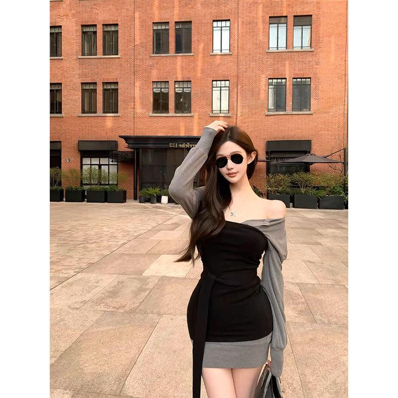 Chill Qiao er Korean Style Model-Inspired Waist-Cinching Color Block Dress Set Medium серо-черный комплекта