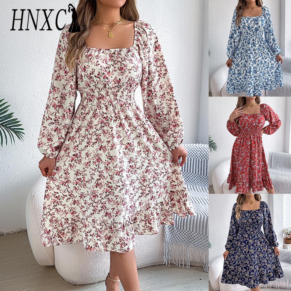 HNXC Autumn and Winter Elegant Floral-patterned Square-neck Long-sleeved, Waist-cinched, Ruffled A-line Skirt Women's Wear