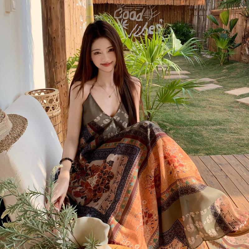 Bohemian ethnic style print suspender skirt women's loose leisure vacation dress beach front and rear wear