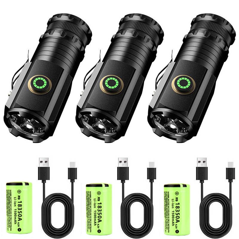 3 F350 LED Mini  Flashlight Powerful Type-C Rechargeable 18350 Battery Torch SST20 2000LM Lamp with Tail Magnet Tactical Lantern