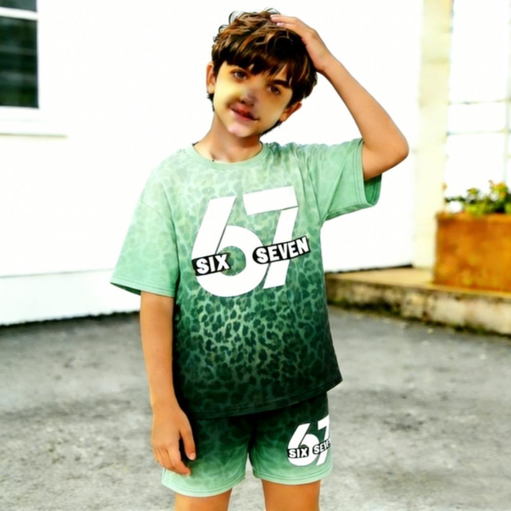 Gradient Leopard 67 Printed Men's T-shirt and Shorts 2 Piece Set Summer Casual Outfit for Men's and Women's Clothing Top