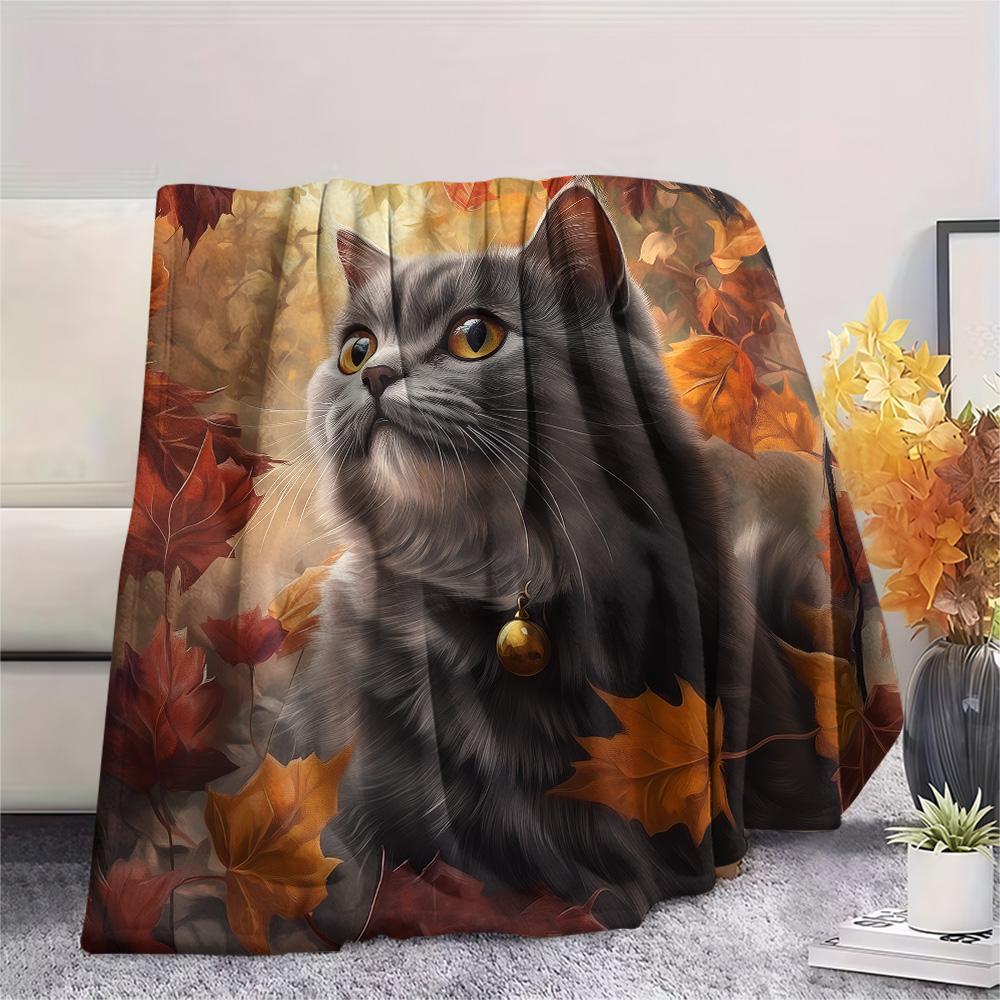 Maple Leaf Cat  Print Flannel Blanket, High quality Comfortable for All Seasons, Home Decor, Warmth and Comfort