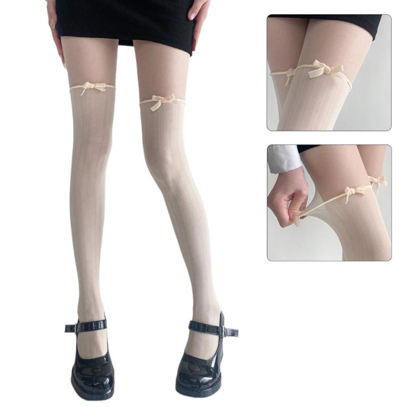 Women Contrast Sheer Mesh Splicing Pantyhose Fake Thigh High Stockings Elegant Ruffle Trim Bowknot Silk Tights Leggings