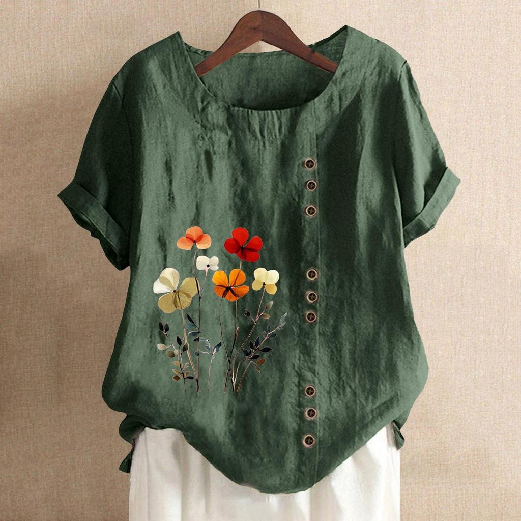 Women's Fashion Casual Round Neck Short Sleeve Cotton And Linen Printed T-shirt Top