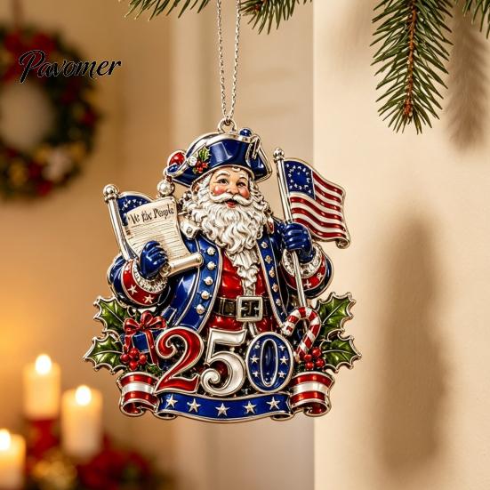 Holiday Souvenirs for Family 250th Anniversary Christmas Ornament, Acrylic Patriotic Hanging Decor Gift Friends with Eagle Santa Liberty Bell,