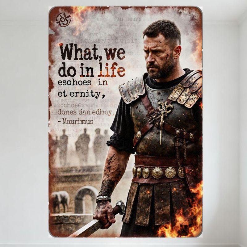 

Roman Warrior Armor Sword Flames Quote What We Do in Life Echoes in Eternity Vintage Metal Tin Sign Wall Decor for Man Cave Ho 20x30cm（7.8x11.8inch）