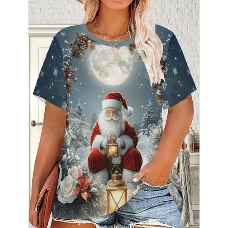 Women's Christmas T-Shirt Holiday Top Tee Round Neck Shirt Festive Wear Cheerful Print Short Sleeve T-Shirt