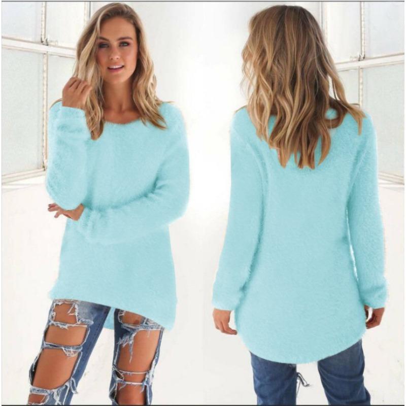 Women's Solid Color Fuzzy Plush Crew Neck Long Sleeve Loose Casual Pullover Sweater Top