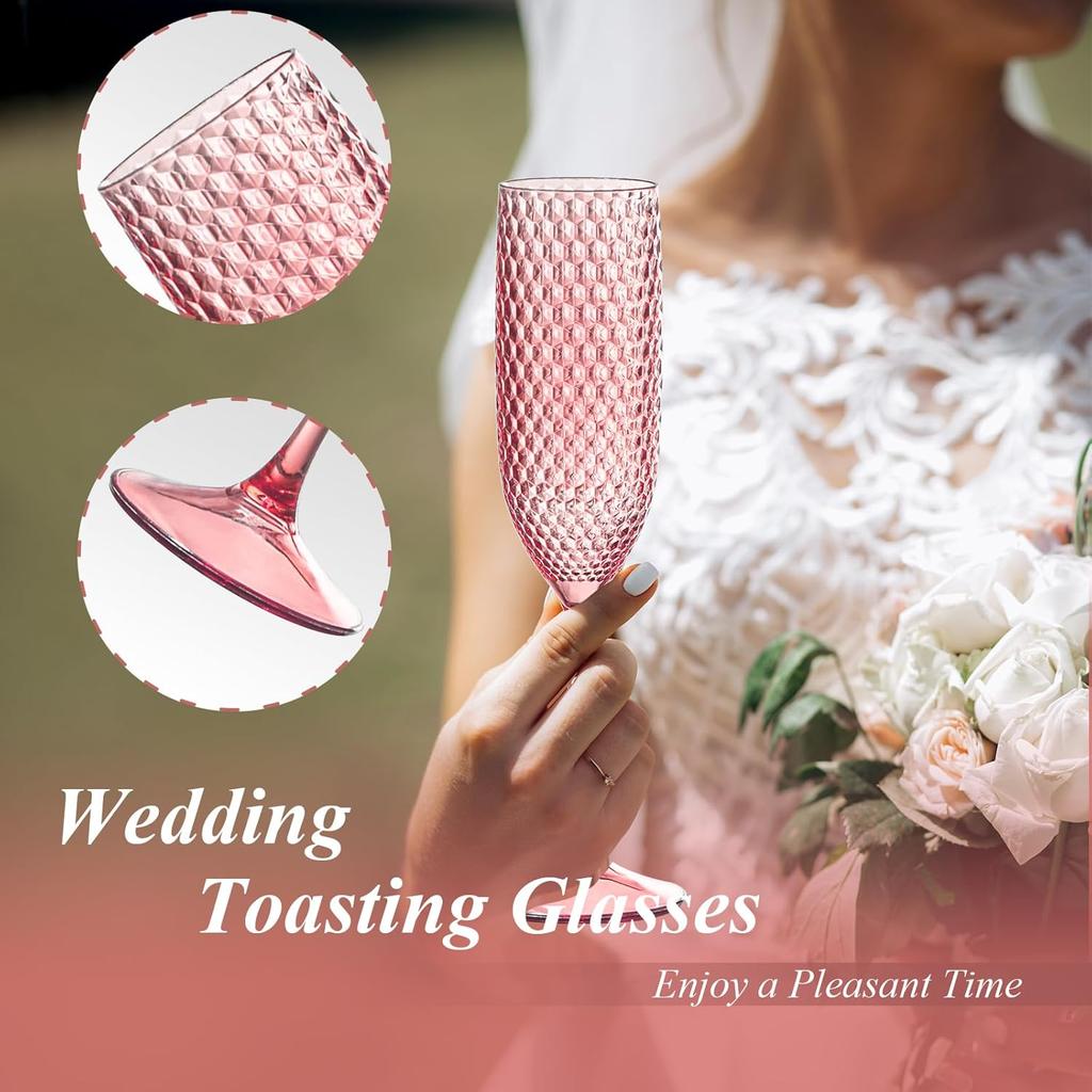 Unbreakable Plastic Champagne Flutes 5.5 OZ Pink Wedding Toasting Glasses for Party