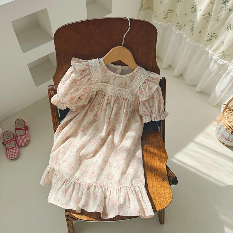 Girls Summer Cotton Dress Vintage Floral Print Short Sleeve Lace Kids Clothing 90cm