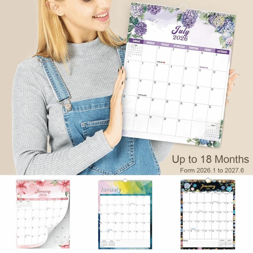 New 2026 Jan.- 2027 Jun. Wall Calendar 18-Month Flower Pattern Monthly Calendar Spiral Binding Wall Mount Wall Planner Home Use