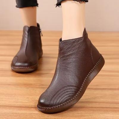2024 New Autumn Winter Handmade Genuine Leather Women's Ankle Boots Lady Soft Flat Shoes Comfortable Casual Black Boots Big Size