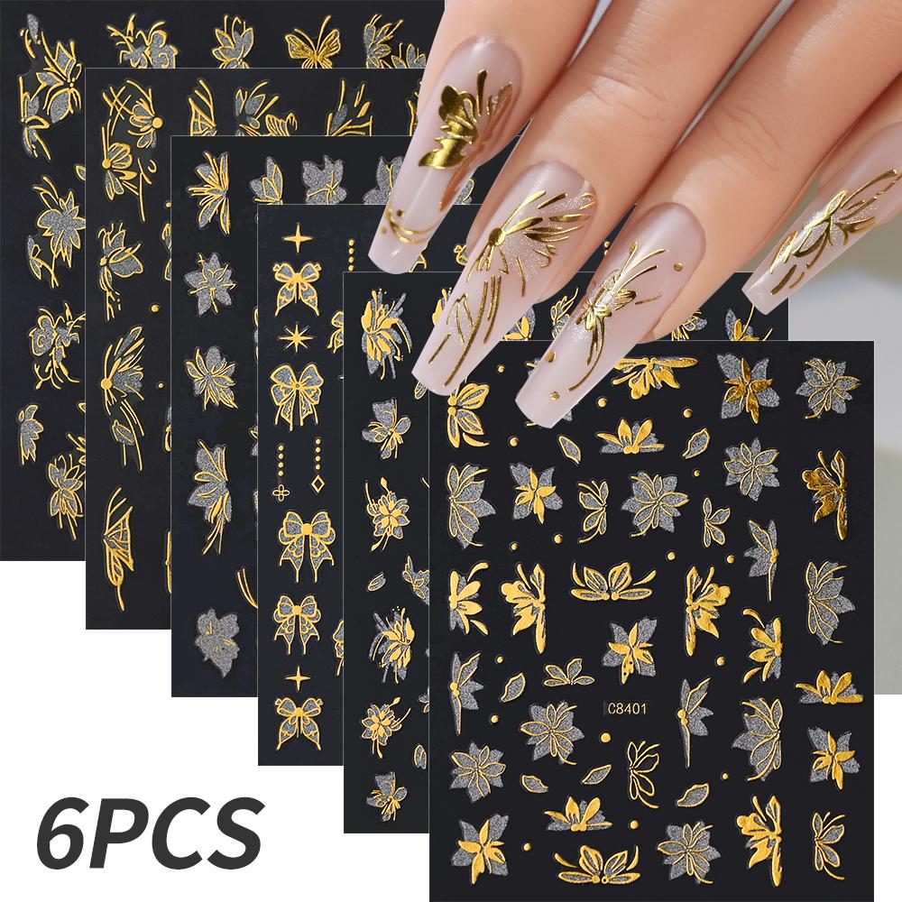 6pcs/set High Gloss Reflective Nail Sticker Gold Silver Aurora Wave Lines 3D Self-Adhesive Nail Art Decal Design Manicure Tool