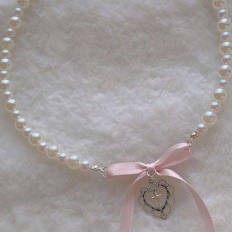 Sweet Pink Heart Necklace with Imitation Pearl Elegant Heart Cross Choker Clavicle Chain for Women Teen Fashion Jewelry