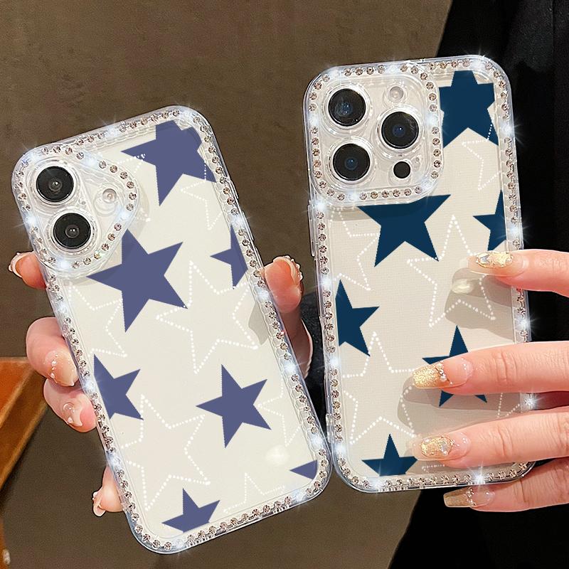 Stars Pattern Diamond Frame Clear Soft Silicone Case For iPhone 16 Pro Max 16E 15 14 Pro 13 12 11 Lens Protection Shockproof Phone Cover