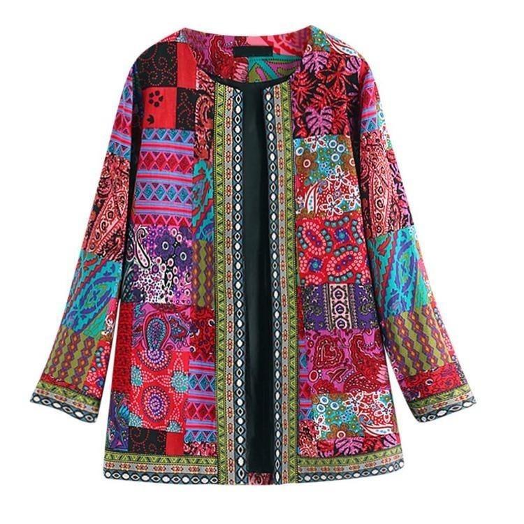 Vintage Floral Print Plus Size Cotton Jacket Women Long Sleeve Ethnic Coat