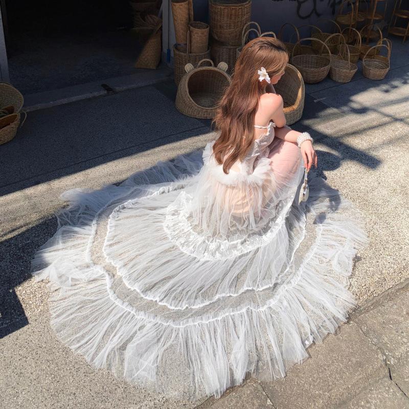 Premium Water Gloss Yarn Lace Jacquard Splicing Long Neck Gauze Skirt Temperament Dress Vacation Fairy Skirt