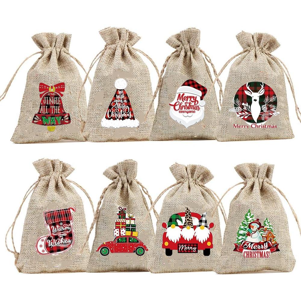 

8Psc Christmas Burlap Goody Bags Drawstring Gift Bag Elk Santa Claus Xmas Party Decoration Supplies Christmas Stocking Favors 8pcs 10x14cm