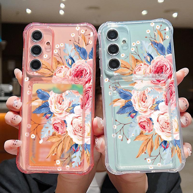 Carcasă de telefon din silicon moale cu model de trandafir și flori pentru Samsung S24 FE S23 S22 Ultra A16 A15 A55 A35 A54 A34 Slot pentru card, rezistentă la șocuri, transparentă, cu bara de protecție