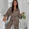 Autumn European Style Satin Print Pajamas Set Women's Loose Homewear Cardigan Robe Long Pants Cool Feel Nightwear For Casual Outing