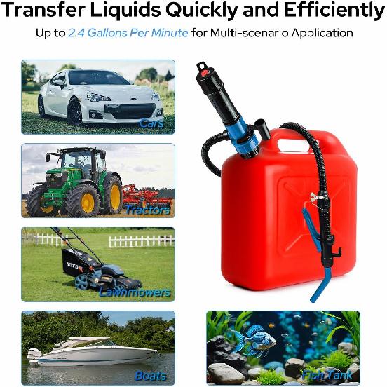 Portable Transfer Pump Battery Operated For Gas, Fuel, Diesel, Water, Gas Siphon Pump For Gasoline 2.4 GPM Flow With 3 Adapters For Cars,
