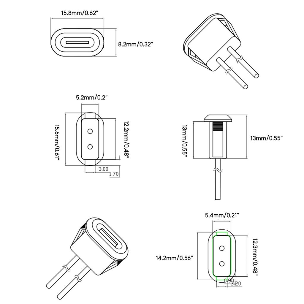 1PX5 2 Pin USB Connector Type-C Female with PH 2.0 Terminal Type C High Current Fast Charging Jack Port W/ Welding Wire
