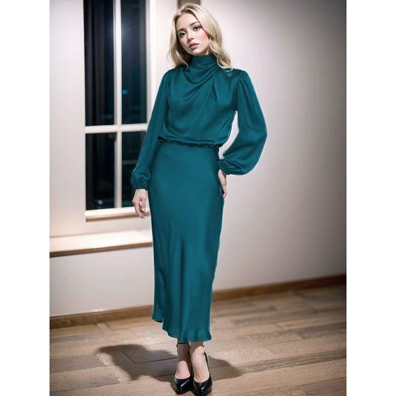 

Fashion Wind New Arrival Fancy Satin Long Sleeve Loose Dress Lantern Sleeve Satin Dress Lake Blue L