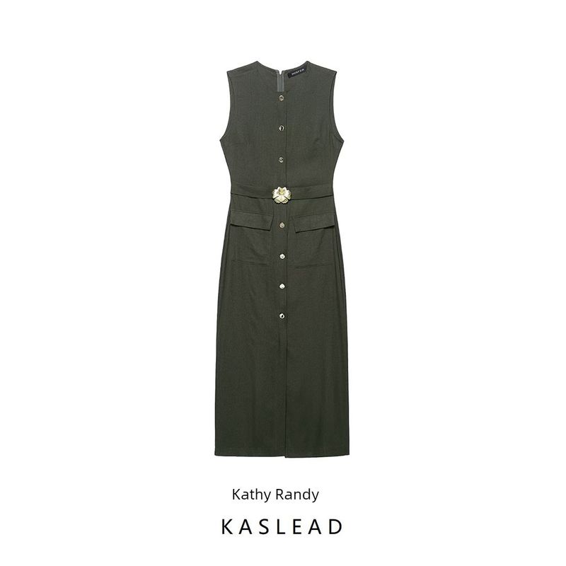 Kaslead New Women Clothes Western Style Fashion Slim Fit Belt Midi Dress 8416712 507