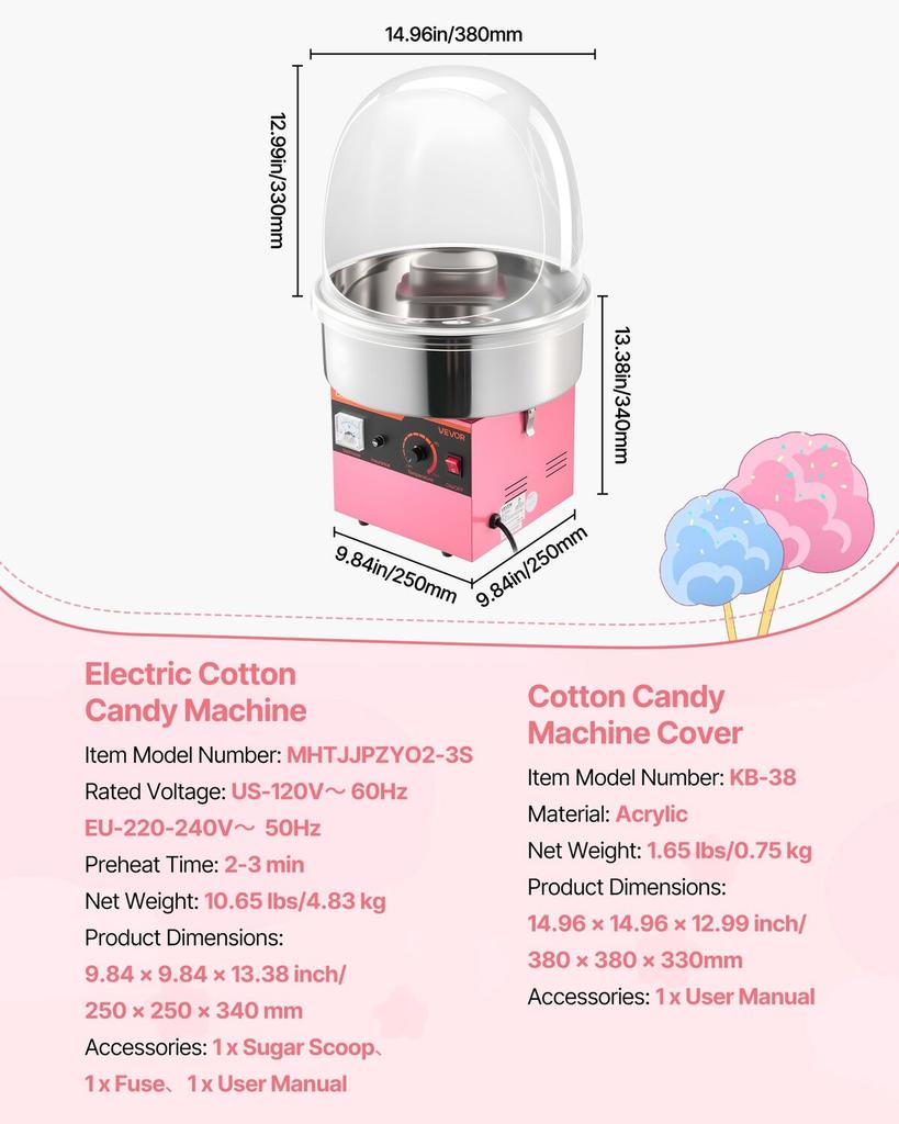 Electric Cotton Candy Machine, 1000W Electric Floss Maker With Cover, Commercial Cotton Candy Machine w/Stainless Steel Bowl & Sugar Scoop, Ideal for