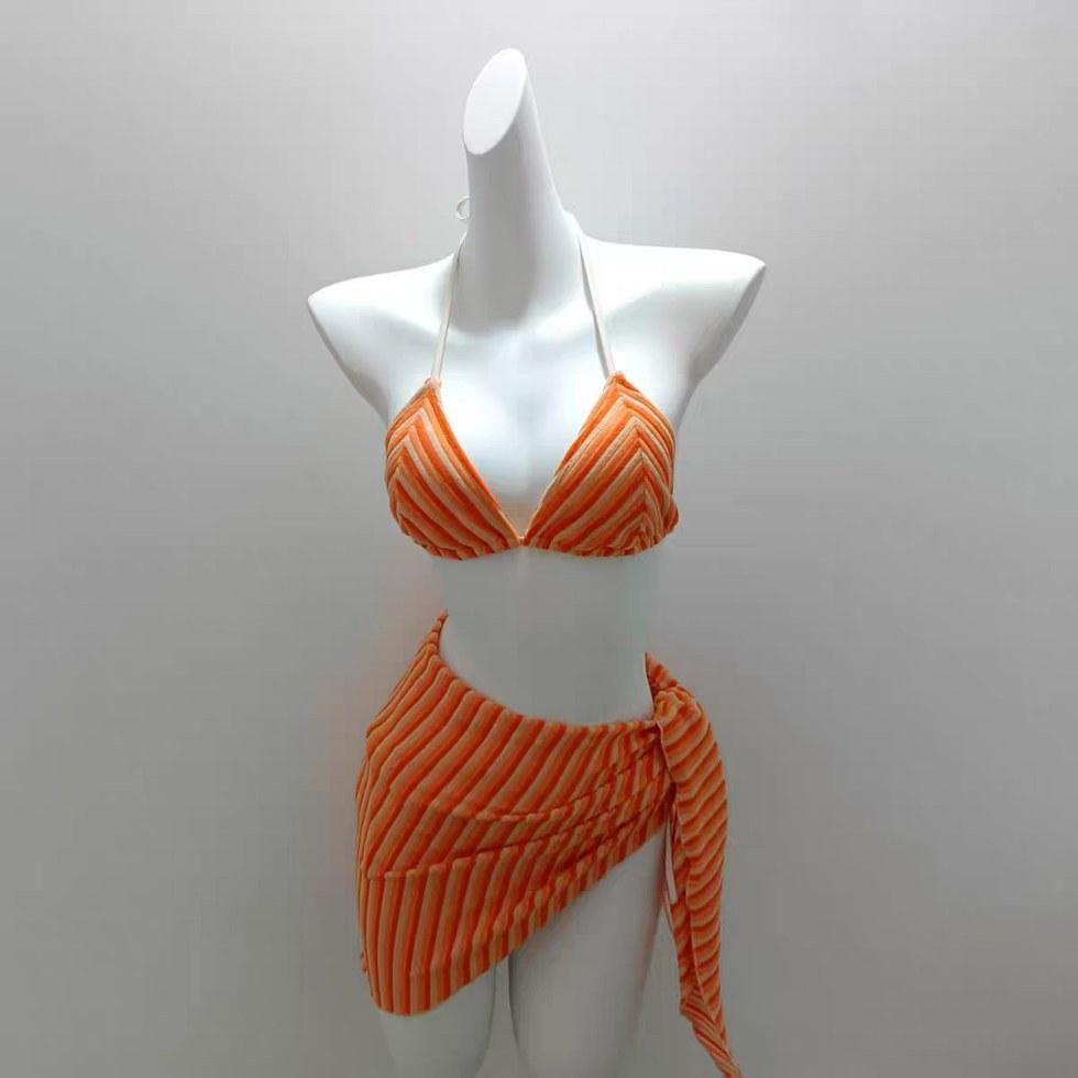Orange striped neck strap bikini swimsuit women's three-piece set, Korean ins hot spring sexy babes vacation style
