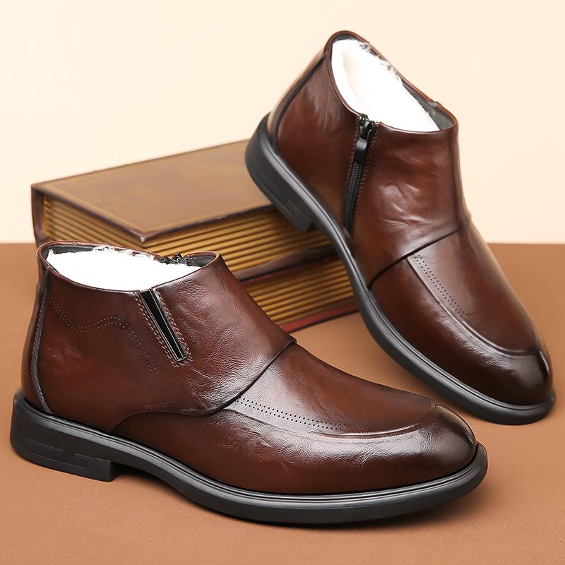 Men's Winter Formal Cotton-Leather High Top Shoes with Zipper - Warm, Non-Slip, and Business Casual.