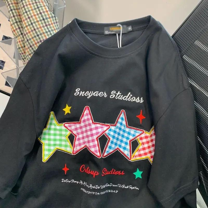 

2KWEIRD Летние Преппи Свободные Y2k Эстетические Футболки Мода Ин Сладкие Футболки с Принтом Звезд и Букв Женские Повседневные На Все Случаи Жизни Футболка Корейская S чёрный