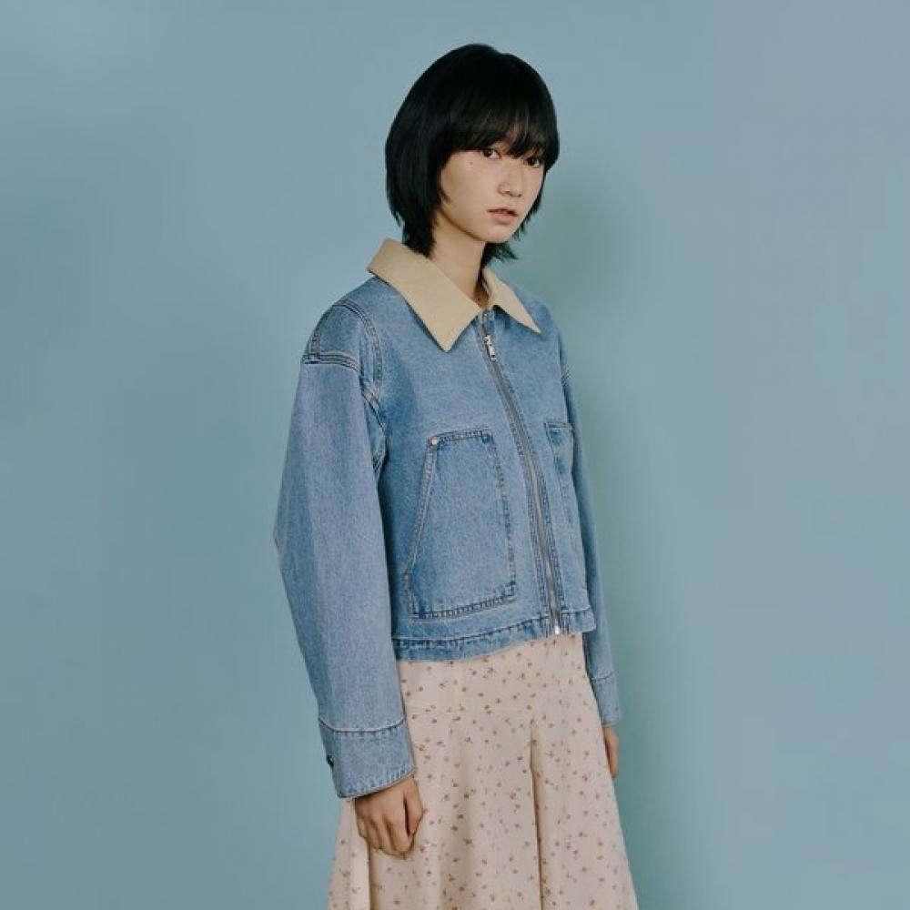 Color Block Collar Denim Zip Up As1dz261